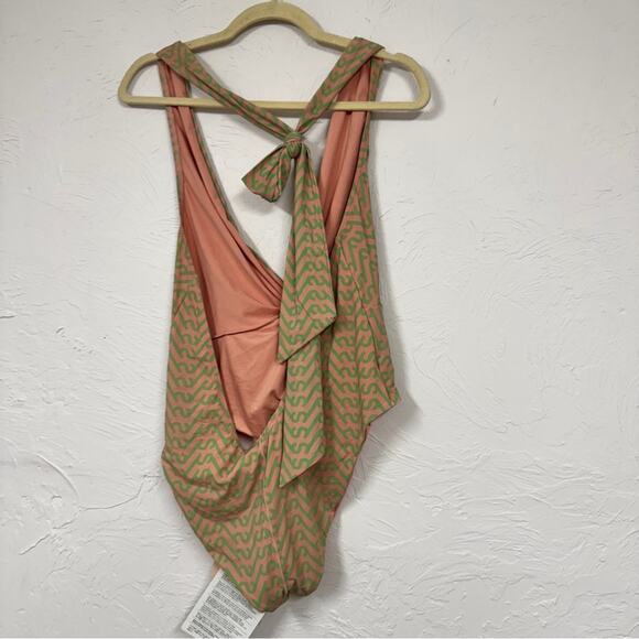 Self Portrait Pink Green Twist Front One Piece Swimsuit Womens 10 Halter NWT - Picture 9 of 9